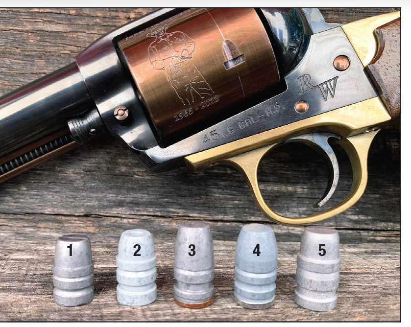 Close-up of the cast of characters: (1) Lyman 454424, (2) MP Molds 308-grain Keith HP, (3) MP Molds 310-grain “Ruger Only”, (4) LBT 320-grain LFNGC and (5) NEI 330 grain Keith SWC.